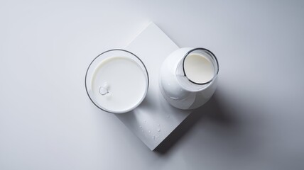 Minimalist arrangement of a clear glass filled with milk beside a matching milk jug
