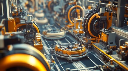 Fototapeta premium Futuristic Factory Assembly Line 3d Render Orange Machines