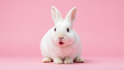 Obraz premium White fluffy bunny posing on a pink background