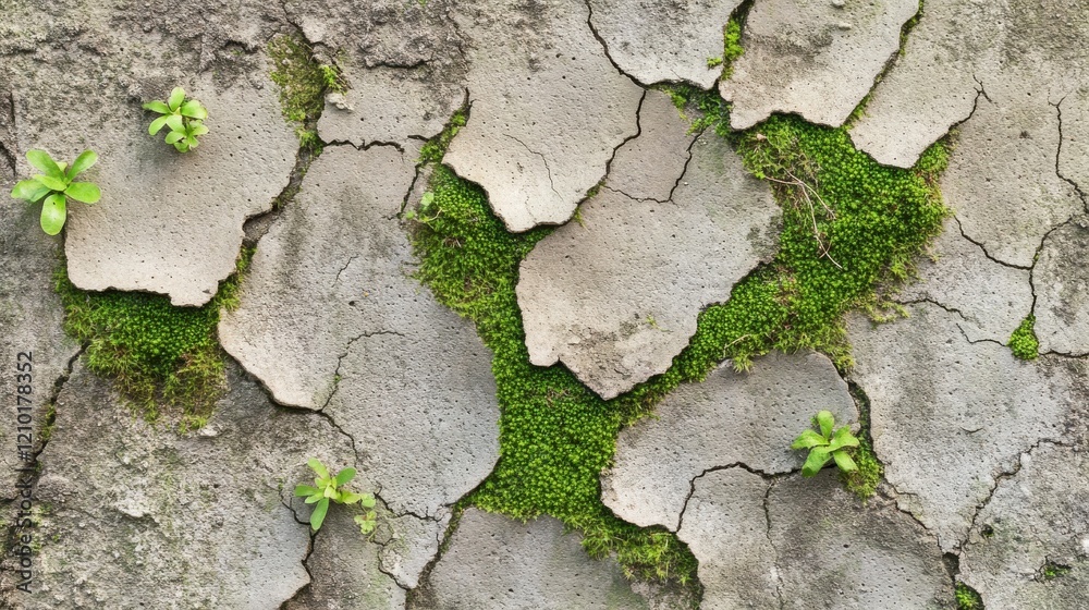 Poster weathered concrete surface adorned with vibrant moss and green plants creating a natural texture