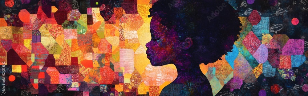 Poster Vibrant visualization of a glowing child expressing wonder amid colorful shapes in an enchanting environment