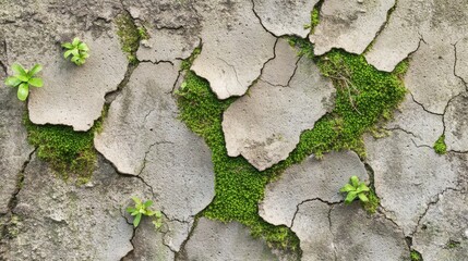 Obraz premium Weathered concrete surface adorned with vibrant moss and green plants creating a natural texture