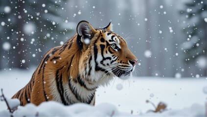 Siberian tiger standing in snowfall in winter forest