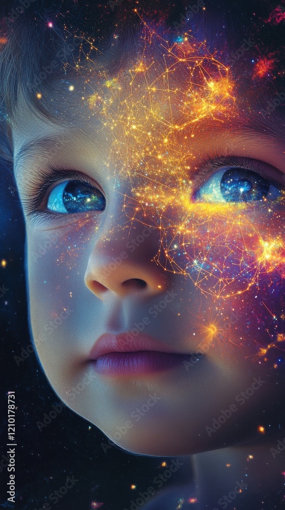 Aufkleber child's face illuminated by cosmic light showing dreams and imagination in a vivid celestial scene