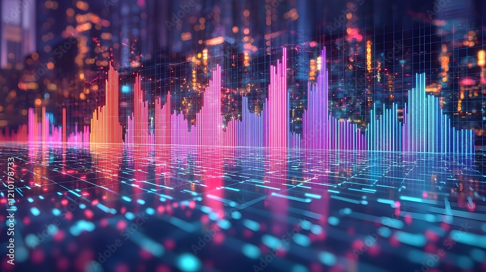 Poster Vibrant and dynamic data visualization charts including line and bar graphs displayed with precision over a subtle grid background for a contemporary and futuristic aesthetic