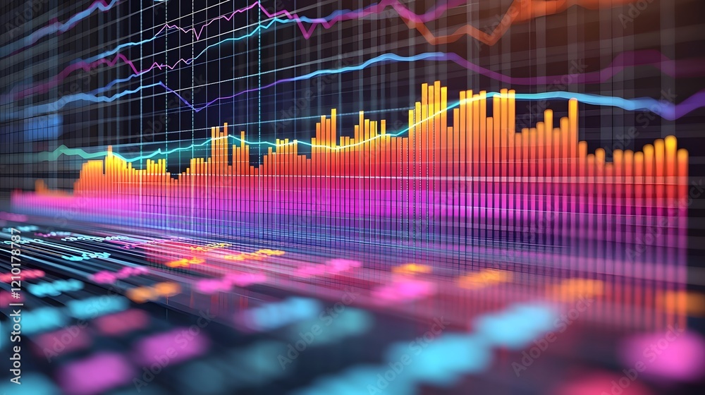 Aufkleber Vibrant data visualization composed of dynamic line and bar charts overlaid on a clean and minimalistic grid background for a modern and professional design