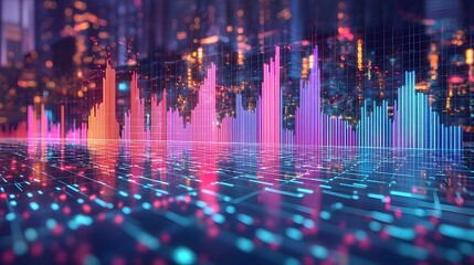 Vibrant and dynamic data visualization charts including line and bar graphs displayed with precision over a subtle grid background for a contemporary and futuristic aesthetic