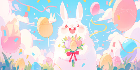 A whimsical Easter bunny holds a pastel balloon garland amid stylized eggs and ribbons in a party setting