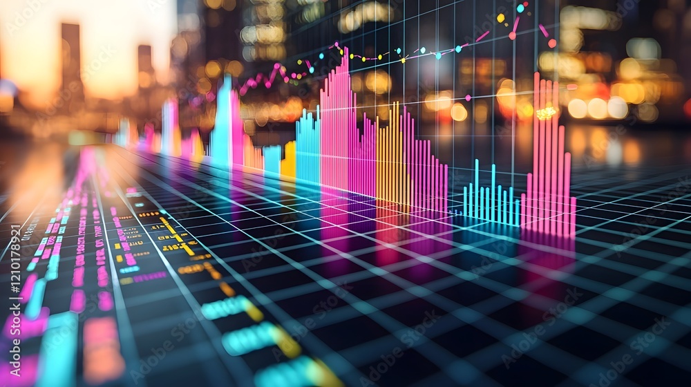 Fototapete Vibrant data visualization combining colorful line and bar charts overlaid on a clean and minimalistic grid background for a modern and contemporary design  Ideal for financial market analysis
