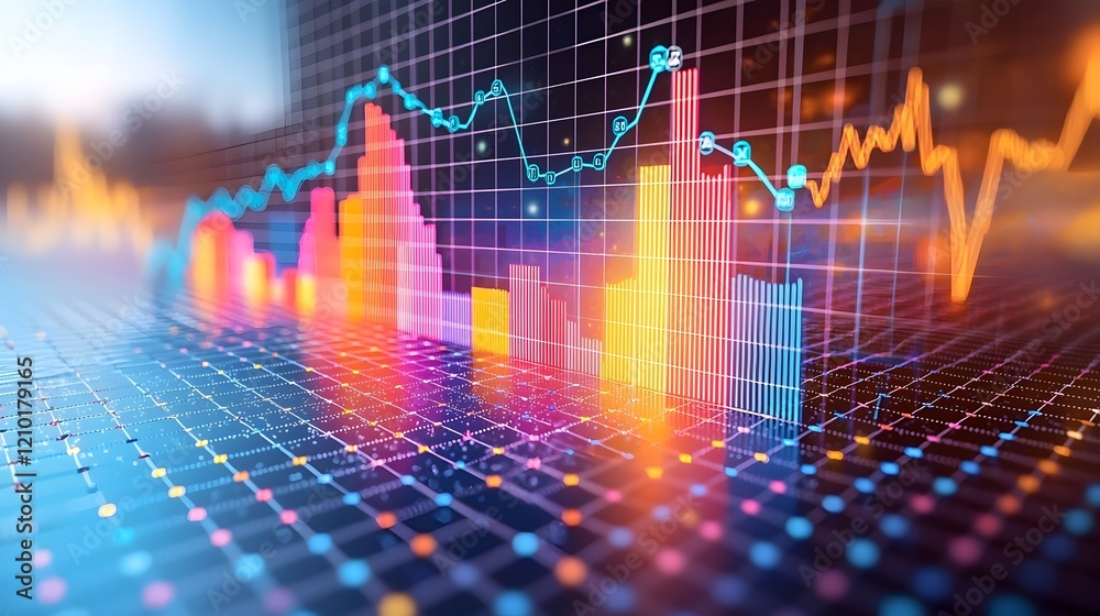 Poster Stunning and modern data visualization with a creative combination of colorful line and bar charts overlaid on a delicate grid background providing a bright and dynamic display for financial business