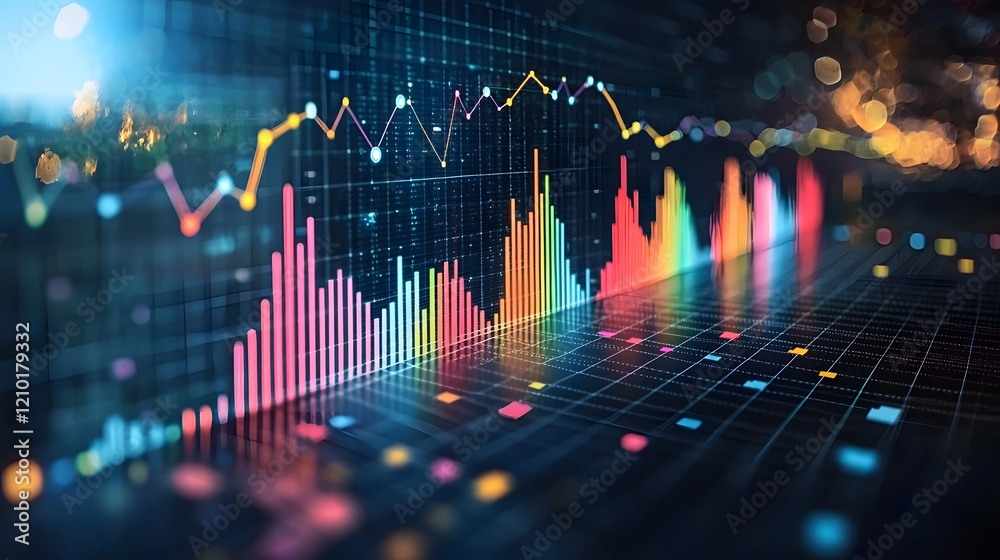 Poster Vibrant Data Visualization with Colorful Graphs and Charts for Modern Financial Analytics  Abstract data representation with a clean fresh layout on a subtle grid backdrop showcasing trends insights