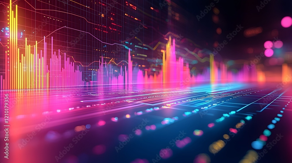 Fototapete Captivating abstract data visualization with a dynamic arrangement of colorful line and bar charts set against a subtle grid layout for a fresh clean and futuristic aesthetic