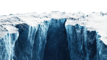 A frozen iceberg in the polar regions surrounded by snow and cold waters with mountains and clouds in the icy landscape