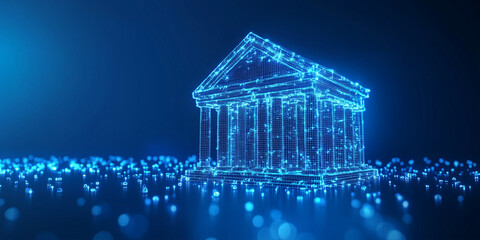 Glowing blue digital bank icon on blue backdrop