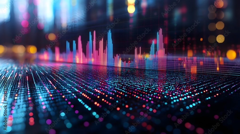 Poster Vibrant data visualization with a dynamic abstract arrangement of colorful geometric shapes lines and grids creating a futuristic digital aesthetic for data analytics technology