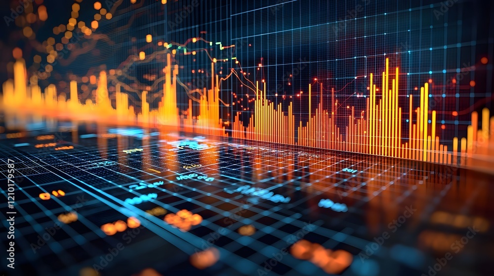 Aufkleber High definition data visualization showcasing vivid line and bar charts layered over a minimalist grid background  The dynamic charts and graphs depict market and economic trends in a sleek