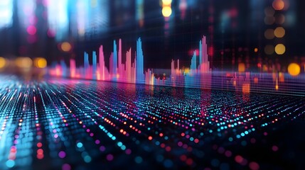 Obraz premium Vibrant data visualization with a dynamic abstract arrangement of colorful geometric shapes lines and grids creating a futuristic digital aesthetic for data analytics technology