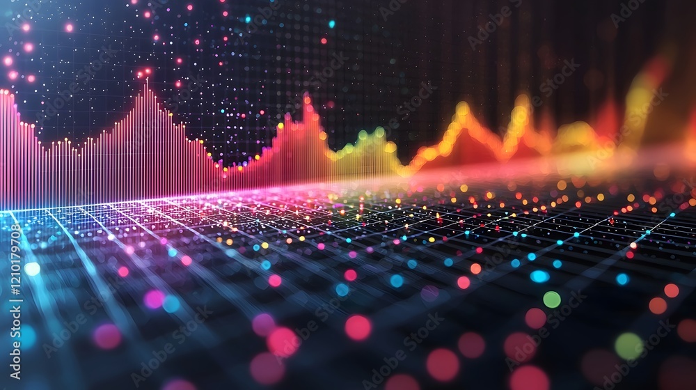 Poster Minimalist yet visually striking data visualization featuring a blend of colorful line and bar charts on a subtle grid background suitable for a variety of professional applications such as business