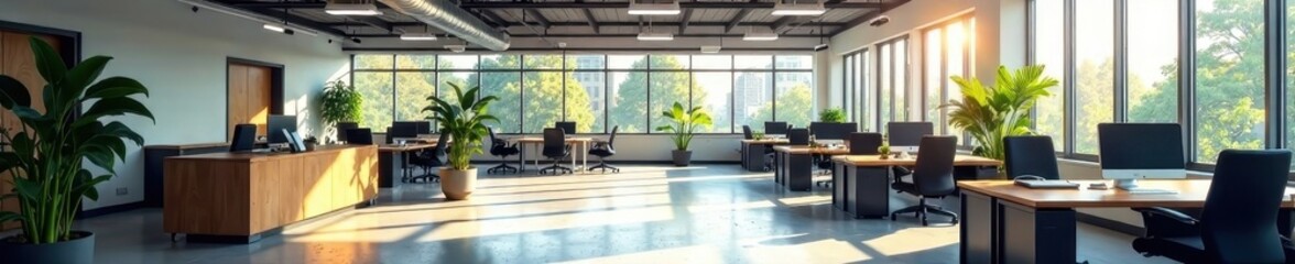 Open-plan office, natural light, high ceilings, innovation, technology