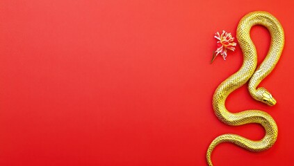 Obraz premium Minimalist Chinese New Year background featuring a golden snake and a single red flower on a vivid red backdrop. Perfect for festive designs and celebrations