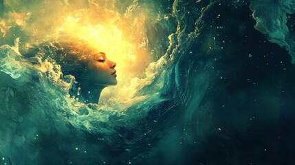 Surreal representation of a glowing woman amidst an ethereal backdrop of swirling colors and textures