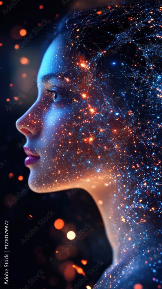 Aufkleber surreal representation of a glowing woman surrounded by stars and cosmic elements in a dark atmosphe