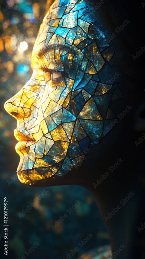 Poster surreal glow of a woman with a mosaic face illuminating a dreamlike atmosphere in an ethereal forest