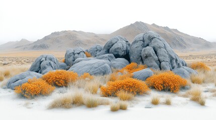 Desert rocks, plants, mountains, haze, landscape
