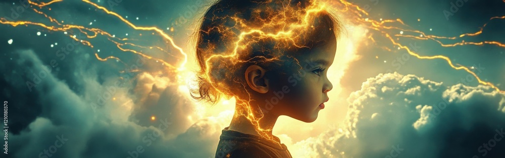 Poster surreal representation of a glowing child amidst dark clouds and lightning in an imaginative landsca
