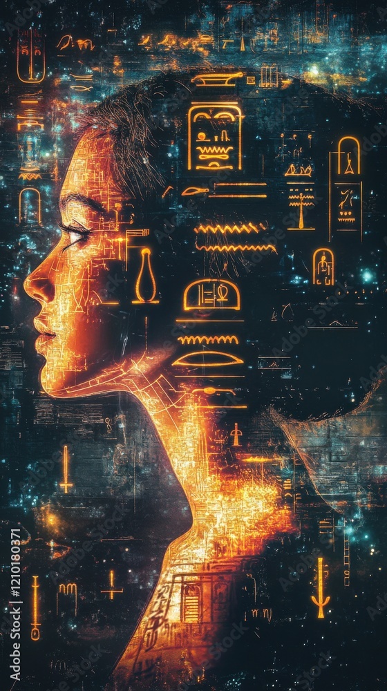 Poster surreal representation of a glowing woman with ancient symbols illuminating her profile in a mystica