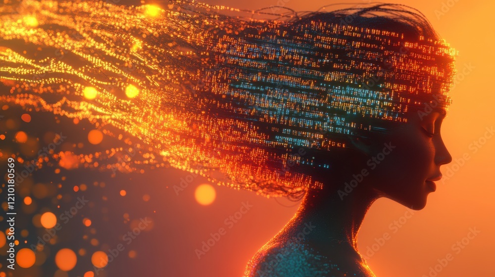 Aufkleber surreal profile of a woman blending with glowing elements in a vibrant sunset setting