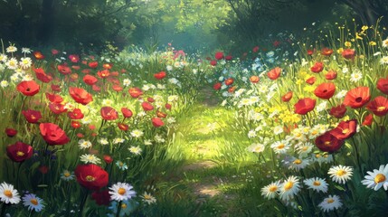 Vibrant wildflower field in sunny spring showcases a blend of colors and natural beauty