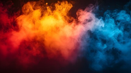 Fototapeta premium Captivating cinematic smoke and fog swirling in a dramatic mix of rich fiery hues including vibrant red yellow orange and deep blue tones creating an and mesmerizing atmospheric background
