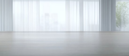 Bright room, wood table, sheer curtains, city view, product display