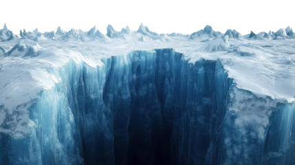 A frozen iceberg in the polar regions surrounded by snow and cold waters with mountains and clouds in the icy landscape