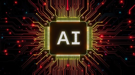 Abstract glowing printed circuit board with AI text written on it. Glowing AI text. AI revolution, the game changer in technology!