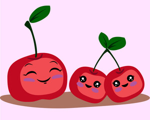 
Mom cherry and cherry baby twins. Vector drawing in cartoon style