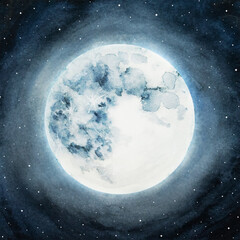Moon shines brightly in a starry night sky with watercolor effects and subtle clouds