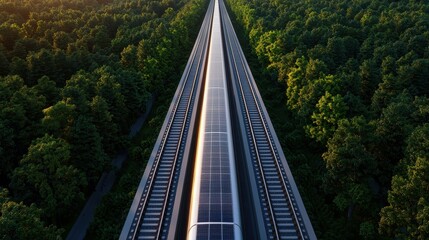 Aerial view of a train traveling along tracks through lush green forest, showcasing nature and transportation in harmony.