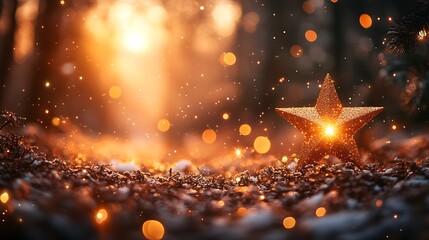 Enchanted Winter Star: A luminous wooden star rests on a bed of glistening snow, bathed in the warm glow of a winter sunset. Sparkling bokeh lights create a magical, ethereal ambiance. 