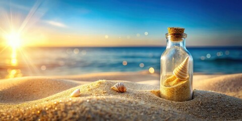 Obraz premium Seashells and Sand in a Glass Bottle at Sunset on a Beach