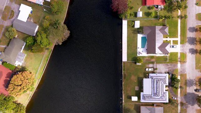 C7 Canal Miami Florida. Aerial drone overhead video