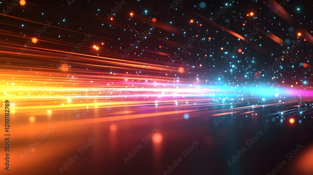 Poster Captivating abstract background featuring a vibrant display of colorful light stripes flowing and glowing with horizontal motion across a blurred dark orange and black gradient