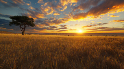Fototapeta premium Golden savanna under a vibrant sunset, acacia trees on the horizon, warm and expansive