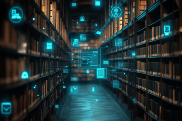 Concept of an e library with virtual icons computer