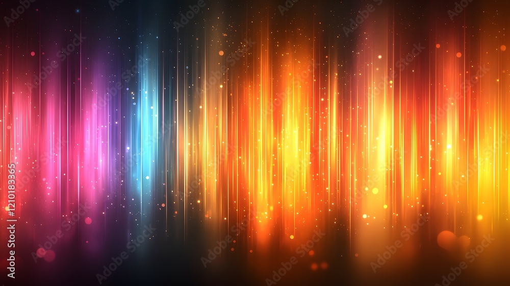 Poster Mesmerizing Glowing Abstract Stripes of Vibrant Colors in a Dynamic Gradient Background  Captivating display of luminous neon like lines and shapes against a dark blurred orange and black backdrop