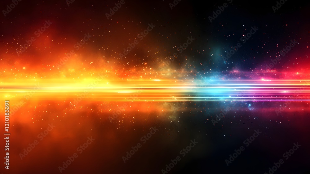 Leinwandbilder Vibrant and Glowing Horizontal Light Stripes in a Spectrum of Bright Colors Against a Dark Blurred Orange and Black Gradient Background Creating a Captivating and Otherworldly Atmosphere