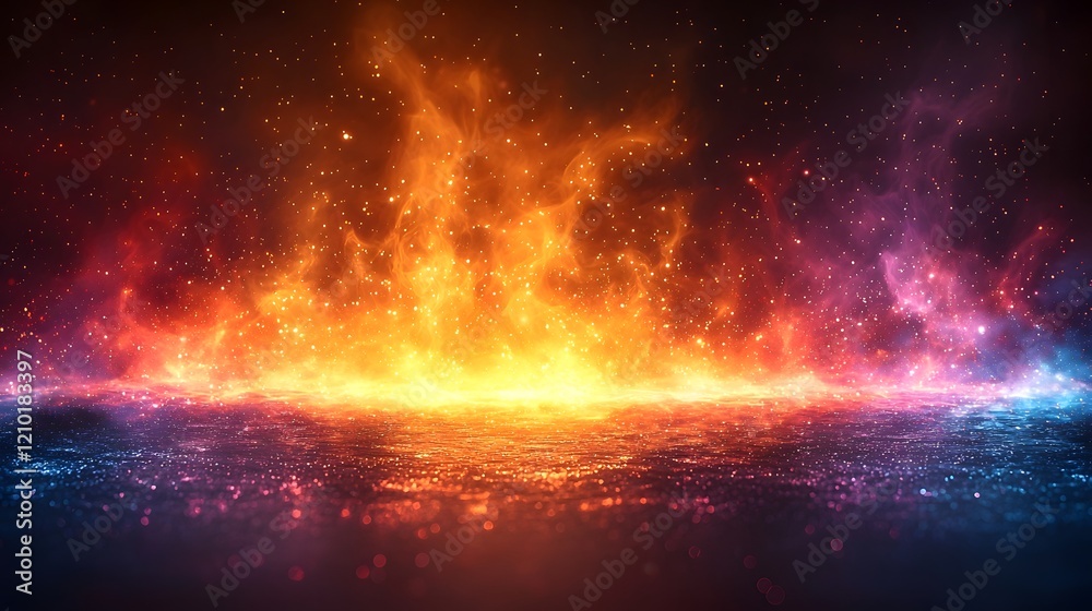 Poster glowing vibrant light stripes in a dynamic abstract composition against a blurred fiery gradient bac