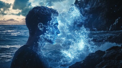 Mystical visualization of a man's profile merging with the ocean under a dramatic twilight sky