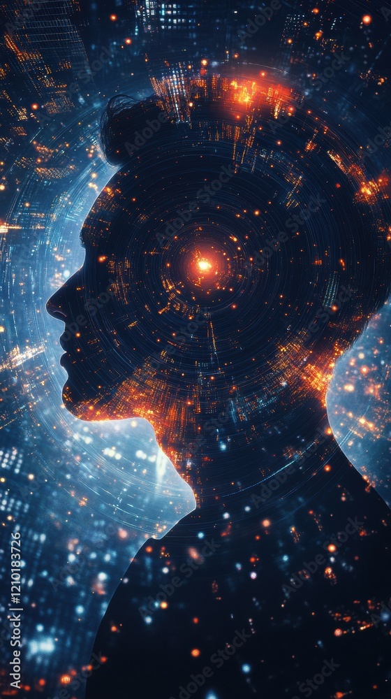 Aufkleber mystical profile of a man filled with cosmic patterns and vibrant colors representing the universe